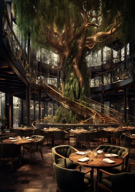 Japanese Spa, Forest Cafe, Tree Restaurant, Modern Restaurant Design, Glamour Decor, Perspective Drawing Architecture, Design Journal, Modern Restaurant, Green Earth