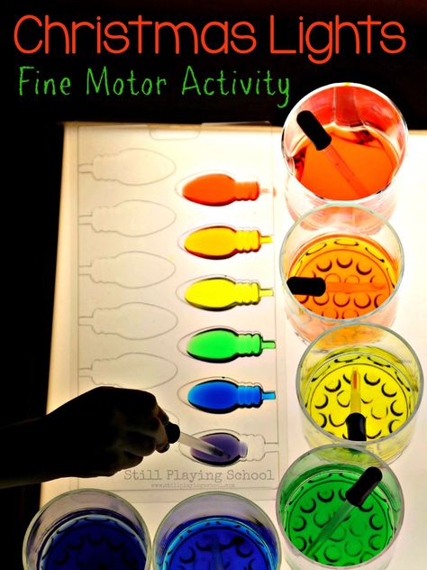 Coloring Christmas Lights: Fine Motor Activity on the Light Table from Still Playing School Reindeer Clothespin, Light Box Activities, Diy Light Table, Table Activities, Coloring Christmas, Blending Colors, Fine Motor Activity, Light Board, Christmas Activities For Kids