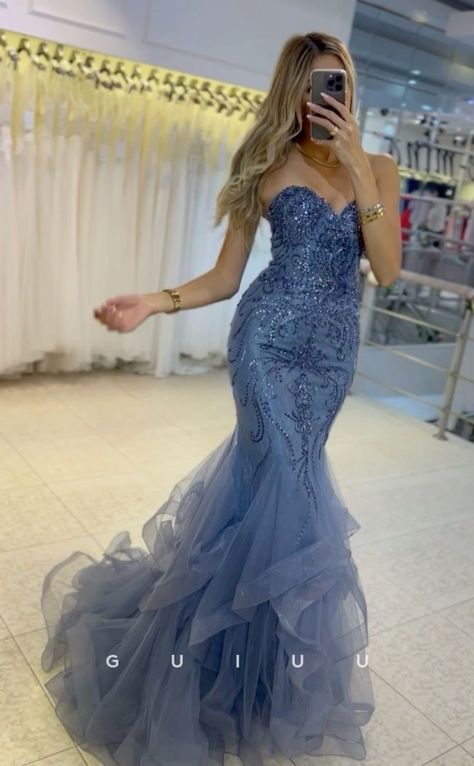 Mermaid Grad Dresses, Mermaid Bottom Dress, Mermaid Hoco Dresses, Fish Tail Prom Dresses, Prom Dresses For Short People, Prom Mermaid Dresses, Prom Dresses Tight Long, Dusty Blue Prom Dress, Prom Dress With Pearls