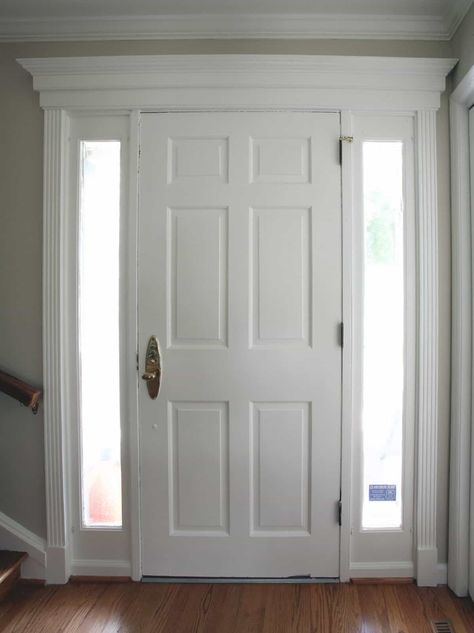 Front Door With Sidelights And Trims Door Trim Ideas Moldings, Casa Bonay, Front Door Molding, Door Frame Molding, Front Door Trim, Interior Door Trim, White Door, Door Casing, Wood Front Doors