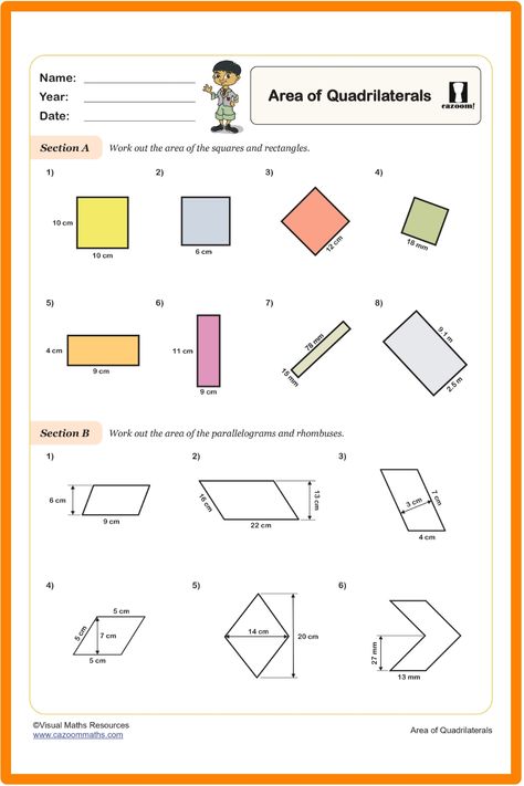 Discover an engaging Area of Quadrilaterals Worksheet that offers practice in calculating the areas of squares, rectangles, parallelograms, and rhombuses. Explore various exercises, including one challenging question featuring a compound shape composed of two parallelograms. This resource is designed to enhance students' skills in geometry and problem-solving while providing a fun and educational activity for learning about quadrilaterals. Ideal for classroom use or self-study to reinforce under Year 9 Maths Worksheets, Ks3 Maths Worksheets, Year 8 Maths Worksheets, Ks1 Maths Worksheets, Year 6 Maths Worksheets, Year 5 Maths Worksheets, Year 7 Maths Worksheets, Year 4 Maths Worksheets, Year 7 Maths