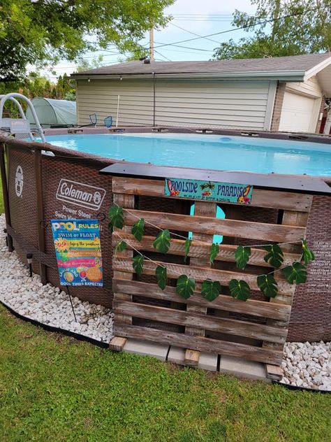 Above Ground Swimming Pools Group | Made a pool side bar today out of a pallet Poolside Bar Above Ground, Pallets Around Above Ground Pool, Diy Pool Side Bar, Pool Side Bar Above Ground, Pallet Pool Bar, Pool Side Decorating Ideas, Above Ground Pool Bar, Pool Bar Design, Pool Items