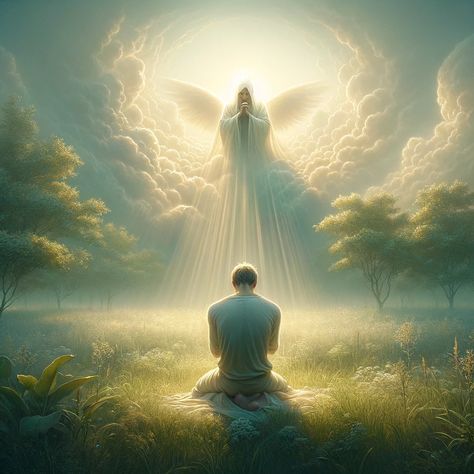 A serene, spiritually uplifting scene depicting a person in humble prayer, surrounded by a soft, ethereal light. The setting is a peaceful, natural environment, possibly a meadow or a garden, symbolizing tranquility and closeness to God. In the background, a subtle representation of heaven, with soft, glowing clouds and gentle rays of light, symbolizes God's presence and provision. This image... Praising God Images, God Looking Down From Heaven, Praise God Pictures, Love In Bible, Heavenly Angels Art, Glowing Clouds, Jesus 2024, Gods Presence, Heaven Background