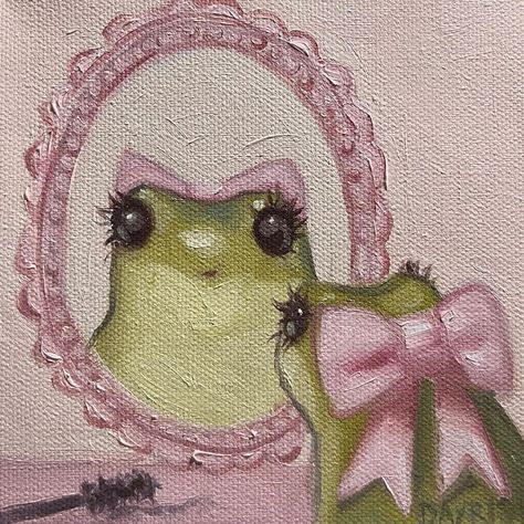 Cute preppy coquette frog painting inspo #painting  #paint #frogpainting #preppy #preppyart #coquette  #preppyaesthetic #aesthetic #art  #cuteartstyle Pink Bow, Green, Pink