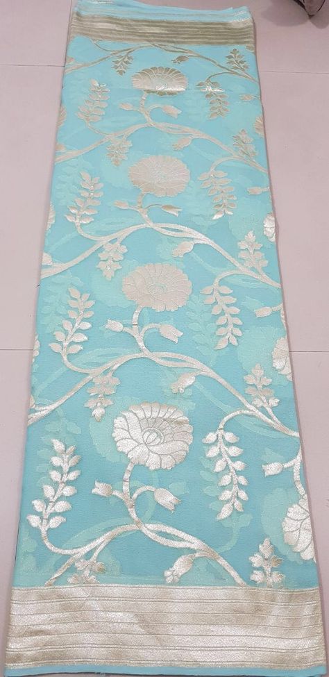 Pure Handloom banaras georgette silk Saree Ph.9849114333 Benares Georgette Sarees, Gorget Saree, Sky Blue Saree, Georgette Silk Saree, Banaras Sarees, Banarsi Saree, Saree Floral, Bridesmaid Saree, Saree Blouse Neck Designs