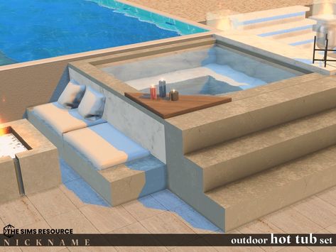 The Sims Resource - outdoor hot tub set Sims 4 Outdoor Bathroom, Pool Area Sims 4, Sims Outdoor Furniture, Sims4 Outside Cc, Sims4 Cc Outdoor Furniture, Sims4 Cc Hot Tub, Sims 4 Cc Pool Chairs, Sims Backyard Cc, Sims 4 Cc Maxis Match Hot Tub