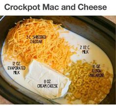 Combine in crock pot 3 cups shredded cheese 1-12 oz. Can Evaporated Milk 1-8 oz. Block of Cream Cheese 2 1/2 cups milk 16 oz. Uncooked Macaroni noodles Cook on low for 2-2 1/2 hours If sauce is too thick add more milk and stir. Set to "keep warm" until ready to serve Crockpot Mac And Cheese Recipe, Crock Pot Macaroni And Cheese, Crock Pot Macaroni, Crock Pot Mac, Meals Kids Love, Crockpot Mac And Cheese, Mac Cheese Recipes, Mac And Cheese Recipe, Jw Marriott