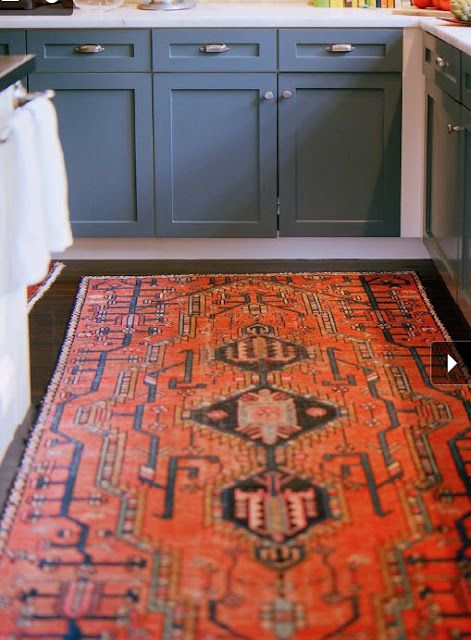 Amazing colors together. Blue Lower Cabinets, Red Persian Carpet, Carpeting Ideas, Lower Cabinets, Red Persian Rug, Art Rugs, Rug Dark, Hardwood Floors Dark, Dark Hardwood