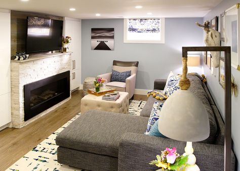 Basement Fireplace With Low Ceiling, Small Living Room Basement, Small Basement Rec Room Ideas, Narrow Basement Living Room Ideas, Basement Apartment Living Room, Small Rec Room Ideas, Small Cozy Basement, Rec Room Ideas Basement, Small Basement Ideas Cozy