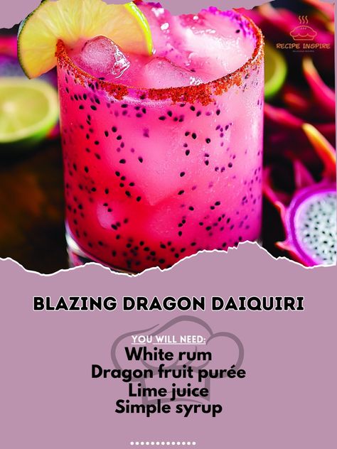 🐉 Unleash the fire with Blazing Dragon Daiquiri—a cocktail that’s as fierce as it is refreshing! 🍸 #DragonDaiquiri #BlazingCocktails Blazing Dragon Daiquiri Ingredients: White rum (1.5 oz) Dragon fruit purée (1 oz) Lime juice (1 oz, freshly squeezed) Simple syrup (1/2 oz) Chili powder (pinch) Dragon fruit slice (for garnish) Instructions: Combine white rum, dragon fruit purée, lime juice, and simple syrup in a shaker with ice. Shake vigorously and strain into a chilled glass. Dust with a ... Dragon Fruit Drinks, Fruit Simple Syrup, Dragon Cocktail, Dragon Fruit Drink, Mixed Drinks Alcohol, Yummy Alcoholic Drinks, Sweet Cocktails, Drinks Alcohol, Fruit Puree