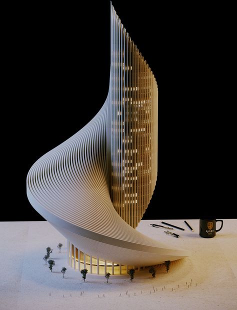 Geometric Forms Design Architecture, Futuristic Residential Architecture, Unique Building Materials, Interesting Architecture Building, Architecture Sculpture Model, Swirl Architecture, Air Flow Architecture, Bio Mimicry Architecture, Tree Inspired Architecture