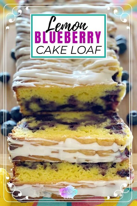 This easy Lemon Blueberry Cake Loaf recipe is the best summer dessert you'll ever eat. Start by using a Duncan Hines box cake mix and adding the delicious flavors of lemon and blueberry. Top with a tangy lemon glaze and you'll have the best blueberry lemon cake around. Blueberry And Lemon Cake Recipes, Easy Lemon Blueberry Cupcakes, Lemon Blueberry Bundt Cake Recipes From Mix Boxes, Lemon Blueberry Cake With Box Cake, Lemon Blueberry Bundt Cake With Box Cake, Lemon Blueberry Cake From Box Cake, Lemon Box Cake Recipes, Blueberry Lemon Cake Recipe, Recipe Using Lemons