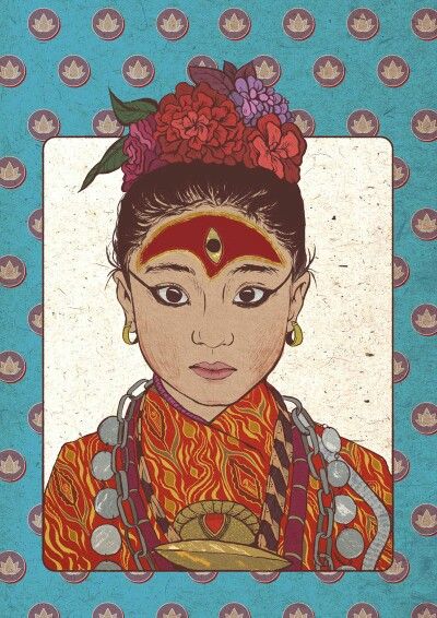 Kumari... The living goddess Kumari Goddess Drawing, Kumari Drawings, Nepali Culture Art, Kumari Goddess Painting, Kumari Goddess, Nepal Illustration, Nepali Painting, Air Photoshoot, Indra Jatra