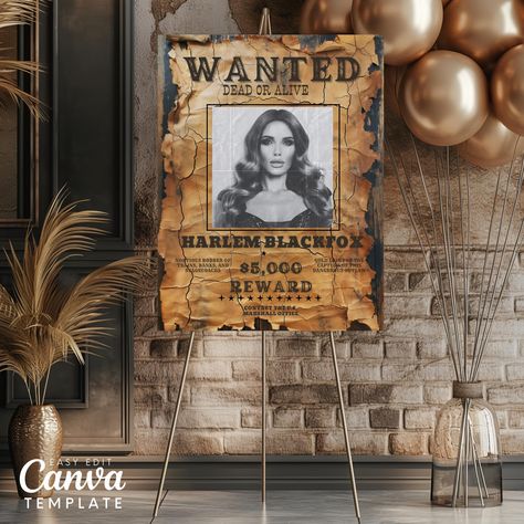 Customizable Vintage wanted Poster Welcome Sign Template 18x24 Rustic Wild West Party Decor Cowgirl Birthday - Etsy 50th Western Birthday Party, Wild Western Party, Western Party Decor Ideas, Wild West Party Ideas, Western Party Backdrop, Western Theme Party For Adults, Cowboy Theme Party For Adults, Wild West Party Decorations, Western Birthday Party Ideas