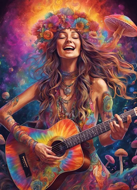 A happy woman wearing 1970s hippy style clothes, playing a rainbow colored tie dye acoustic guitar Arte Hippy, Mundo Hippie, Hippy Art, Trippy Wall Art, Illustration Kunst, Art Hippie, Art Musical, Biker Art, Happy Hippie