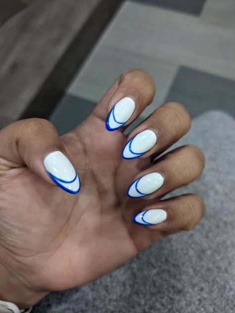 Hollow French Nails, Hollow French Tip, Blue And White Greece Nails, Hollow French Tip Nails, White Nails With Blue French Tips, White Nails With Blue Tips, White Base Nails With Design, Blue Greece Nails, White Base French Nails