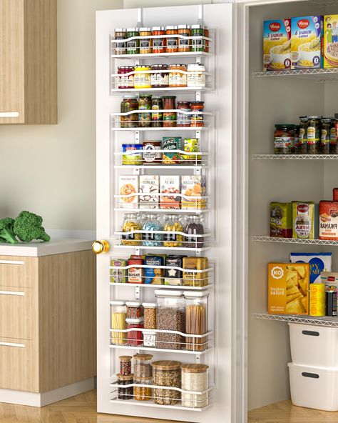 PRICES MAY VARY. Maximize Your Space: Please measure the width of your door before purchasing to see if it can fit a 12.2"W shelf. Our 9-Tier over the door pantry organizer is designed to make the most of your storage space, allowing you to store more items in a smaller area such as spice and some jars. Perfect for small kitchens or those with limited storage space. Durable & Strong: Made with high-quality, durable metal, our pantry organization can withstand the weight of heavy cans and jars, k Garage Pantry Organization, Kitchen Pantry Organisation, Storage Ideas For Small Homes, Over The Door Storage, Closet Pantry, Kitchen Pantry Organization, Pantry Storage Ideas, Small Pantry Organization Ideas, Pantry Shelving Ideas