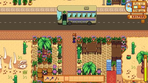 Stardew Valley Desert, Stardew Valley Town Design, Stardew Valley Desert Layout, Stardew Valley Town Decoration Ideas, Stardew Valley Town Decoration, Stardew Valley Town Decor, Stardew Valley Farms, Stardew Valley Layout, Flora Farms