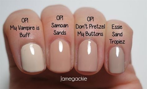 Neutral Colors: OPI My Vampire is Buff, OPI Samoan Sands, OPI Don't Pretzel My Buttons and Essie Sand Tropez. My Vampire Is Buff Opi, Essie Sand Tropez, Sand Tropez, Nude Nail Polish, Manicure Gel, Essie Nail Polish, Essie Nail, Neutral Nails, Opi Nails