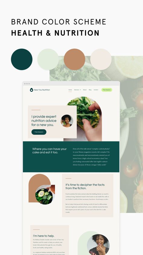 brand color scheme for health and nutrition Brand Colour Palette Inspiration, Nutrition Color Palette, Health Color Palette, Nutrition Website Design, Blog Color Palette, Health Branding, Food Website Design, Color Branding, Nutrition Website