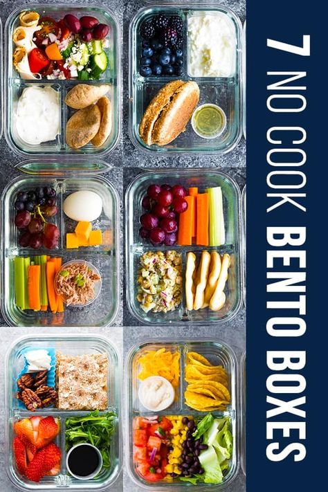 collage image showing 6 of the 7 no cook lunch box recipes No Cook Lunch, Adult Lunch Box Ideas, Bento Box Lunch For Adults, Healthy Bento Lunches, Bento Box Recipes, Resepi Biskut, Lunch Box Ideas, Easy Lunch Boxes, No Cook