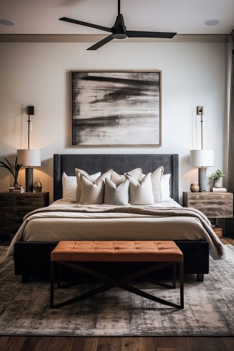 Gray Masculine Bedroom, Black Bedframe Bedroom Ideas Cozy, Bedroom Ideas Hotel Style, Nyc Bedroom Ideas, Rustic Masculine Bedroom, Modern Men’s Bedroom, Hotel Style Bedroom Master Suite, Manly Bedroom Ideas, Modern Masculine Bedroom