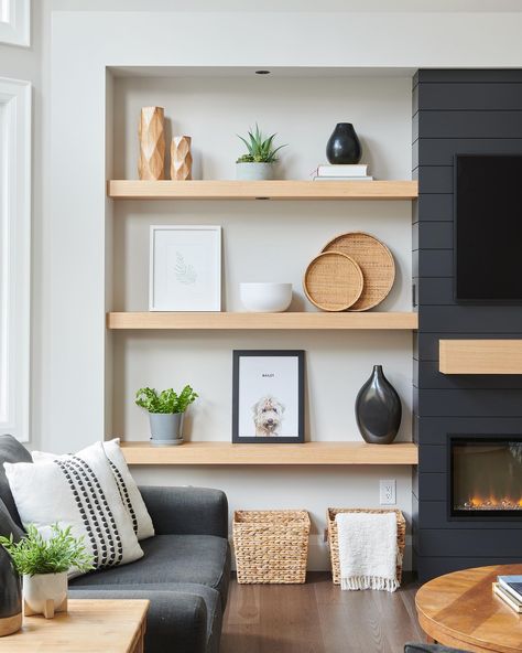 SILVERBIRCH | Not your average fireplace built-ins… we love a good combo of white oak floating shelves and moody coloured shiplap. - - #fireplace… | Instagram Floating Shelves Living Room Around Tv, Built In Shelf Decor, Shelves Around Fireplace, White Oak Floating Shelves, Floating Shelves Living Room, Oak Floating Shelves, Shelf Decor Living Room, Shiplap Fireplace, Fireplace Built Ins