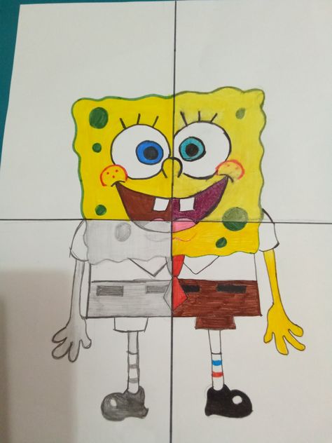 4 side sponge bob with brush pens, pencils , fineliner pens, and graphite Sponge Bob Drawing Pencil, Half Drawing, Drawing Ideas List, Art Craft Ideas, Posca Art, Fineliner Pens, Sponge Bob, Brush Pens, Drawing Style