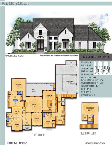 $800.00 House Plan 9 sets 4 Bed Family Home, 3 Bedroom 2.5 Bath Floor Plans 2 Story, Brick Siding, Keeping Room, Open Concept Kitchen, Bath House, Roof Framing, Roof Plan, Farmhouse Design