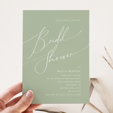 Whimsical Script | Sage Green Bridal Shower Invitation Autumn Calligraphy, Green Bridal Showers, Bridal Shower Inspo, Rustic Bridal Shower Invitations, Pastel Color Palette, Bridal Brunch Invitations, White Bridal Shower, Summer Bridal Showers, Green Themed Wedding