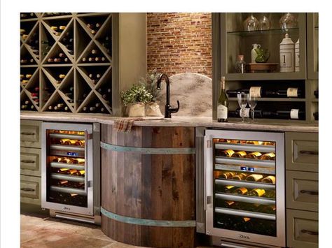 Exploring The Road - To Compelling and Expressive Wine Tasting 09/16 by homebeautyand bath | Design Podcasts Kitchen Wine Fridge, Cabinet Refrigerator, Wooden Barrels, Unique Sinks, Above Kitchen Cabinets, Home Wine Cellars, Home Bar Design, Outdoor Kitchen Appliances, Cellar Design