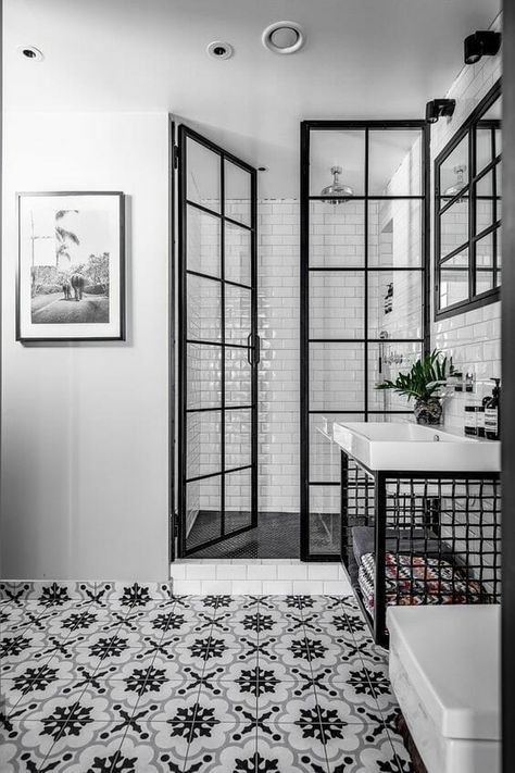 Industrial Shower Doors, Black Shower Doors, Cheap Bathroom Remodel, Black And White Bathroom, Bilik Air, Serene Bathroom, Bathroom Design Trends, Trendy Bathroom, Tile Flooring