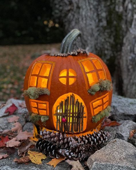 Unique Pumpkin Carving Ideas, Pumpkin Fairy House, Cute Pumpkin Carving, Pumkin Carving, Halloween Pumpkin Carving Stencils, Pumpkin Carving Contest, Creative Pumpkin Carving, Easy Pumpkin Carving, Scary Pumpkin Carving