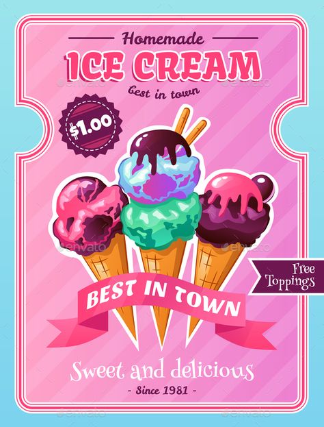 Ice cream cafe homemade desserts advertisement poster with delicious cones and chocolate toppings pink background vector illustration Advertisment Poster Products, Cute Advertisement Poster, Product Design Poster Ideas, Advertisement Poster Product, Advertisement Poster Ideas, Product Advertisement Poster, Advertisements Poster, Ice Cream Graphic Design, Ice Cream Poster Design