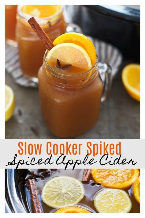 Crockpot Beverages, Cider Crockpot, Spiked Cider Recipes, Spiked Apple Cider Recipe, Crockpot Apple Cider, Alternative Thanksgiving, Spiced Apple Cider Recipe, Apple Cider Uses, Slow Cooker Apple Cider