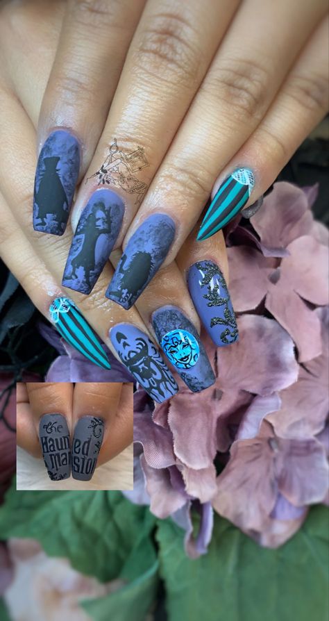 Halloween Nails Disney nails The Haunted Mansion Disney Haunted Mansion Nail Art, Haunted Mansion Nails Art, Haunted Mansion Nails Disney, Hades Nails, Spooky Disney Nails, Haunted Mansion Nails, Fall Disney Nails, Halloween Disney Nails, Creepy Nail Art