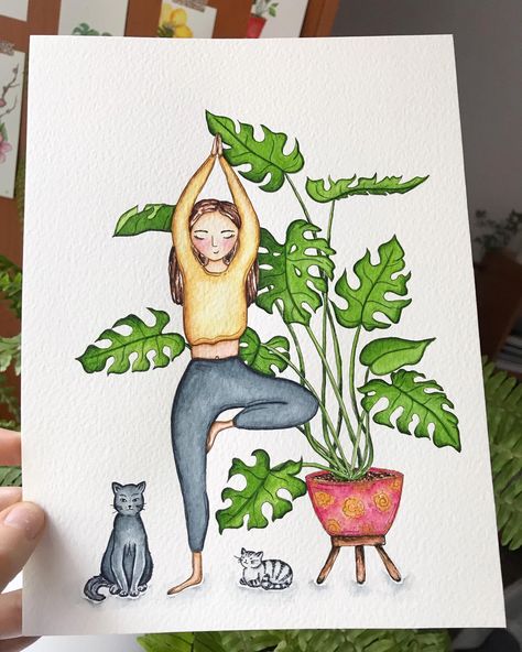 Plants Paintings, Dark Haired Girl, Pink Pot, Easy Mandala Drawing, Tree Pose, Diy Watercolor Painting, Small Canvas Art, Watercolor Art Lessons, Monstera Deliciosa