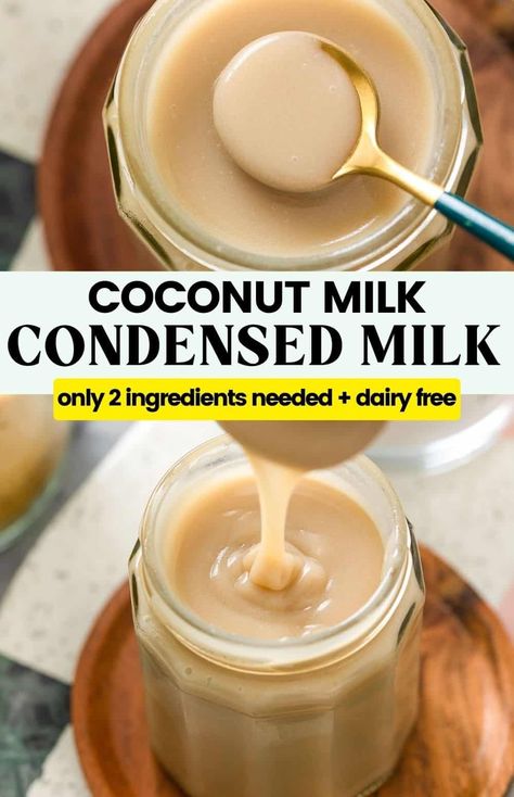 You only need 2 ingredients and a little patience to make this homemade coconut milk condensed milk. Use as a dairy free substitute for traditional sweetened condensed milk for drinks, desserts and so much more! Dairy Free Sweetened Condensed Milk, Dairy Free Condensed Milk, Coconut Sweetened Condensed Milk, Coconut Milk Dessert, Homemade Coconut Milk, Homemade Condensed Milk, Condensed Coconut Milk, Gluten Free Vegetarian Recipes, Allergen Free Recipes