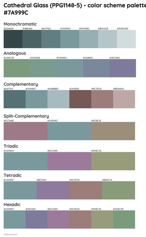 PPG Paints Cathedral Glass (PPG1148-5) Paint coordinating colors and palettes Ppg Paint Colors Exterior, Best Ppg Paint Colors, Ppg Night Watch Paint, Olive Sprig Paint Ppg, Benjamin Moore Ocean Air, Ppg Place Pittsburgh, Secluded Garden, Valspar Colors, Split Complementary