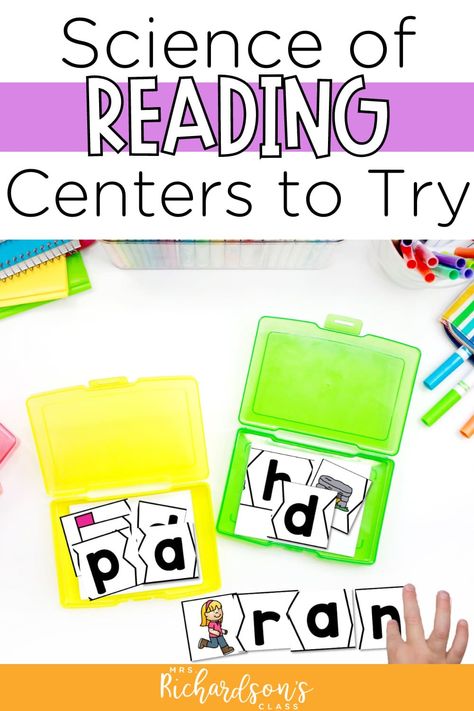 Looking to make your literacy centers even better? Let's get your literacy centers to align with the science of reading! With science of reading centers, you can help students build strong decoding skills, reading skills, and writing skills. I'm sharing ten science of reading centers activities that your students are sure to love. These science of reading centers are perfect for kindergarten, first grade, and 2nd grade. Check them out today! Sor Centers 2nd Grade, Independent Reading Centers Kindergarten, Sor Kindergarten Centers, Science Of Reading First Grade Activities, Science Of Reading Centers First Grade, Hmh Into Reading First Grade, Small Group Reading Activities 1st Grade, Science Of Reading Kindergarten Centers, Science Of Reading Activities