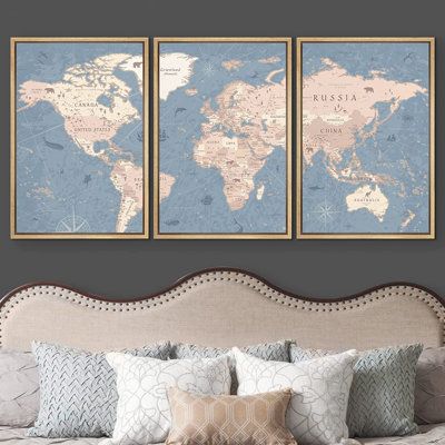 We use industrial-grade inks to ensure our products do not fade over time. Our high-quality canvas art is printed using industry-standard ink. Size: 24" H x 48" W x 1.5" D, Format: Natural Floater Framed | IDEA4WALL Large Global Antique World Map - Framed Canvas 3 Piece Print Triptych Set Wall Art Canvas in Blue | 24 H x 48 W x 1.5 D in | Wayfair Large World Map Wall Art, Framed Maps On Wall, Map On Wall, Antique World Map, World Map Wall Art, Framed Maps, Blue Home Decor, Wall Maps, Antique Frames