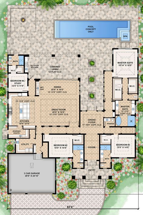 4 Bedroom Contemporary European-style House Plan Under 4,400 Square Feet - 660011JMD | Architectural Designs - House Plans Dining Room With Wet Bar, Luxury House Floor Plans, Architecture Business, Florida House Plans, Planned Community, Sweet House, Bedroom Contemporary, Floor Plan Drawing, Home Design Floor Plans