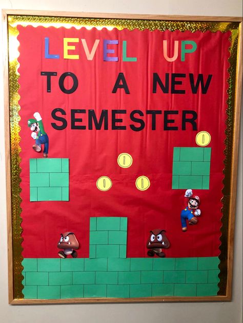 Super Mario Bulletin Board Ideas, Gaming Bulletin Board Ideas, Ra Bulletin Board Ideas Spring, Mario Kart Bulletin Board, Spring Semester Bulletin Boards, Mario Themed Classroom Bulletin Boards, Mario Bulletin Board, Finals Ra Bulletin Board, Ra Bulletin Boards Spring Semester