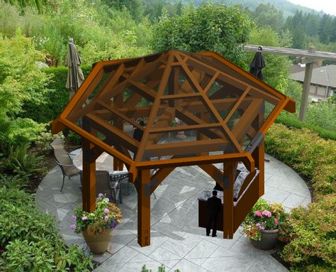 19'-6" Hexagon Gazebo Half Hexagon Pergola, Hexagon Pergola, Garage Pergola Diy, Hexagon Gazebo, Free Standing Pergola, Bamboo Roof, Modern Gazebo, Gazebo Plans, Diy Trellis