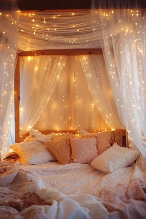 "Create a dreamy retreat with a canopy or four-poster bed! 🛏️✨ Perfect for adding a touch of elegance and romance to your bedroom. 🌟✨ #CanopyBed #FourPosterBed #BedroomDesign" Canopy Bed Fall Decor, Canopy Bed With Lights Romantic, Canapes Bed, Twin Size Canopy Bed Ideas, Canopy Small Bedroom, Cute Bed Canopy, How To Make Canopy Over Bed, Diy Canopy Bed For Adults Romantic Bedroom Ideas, Vibey Room Aesthetic Cozy