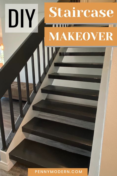 Want your staircase to become a centerpiece of your home? I'll show you step-by-step how we did our recent DIY staircase makeover. We transformed our 1970's floating stairs from dated icky beige carpet to sleek and modern black wood steps - mainly using the magic of paint. #diystaircasemakeover #staircasemakeover #stairsmakeover Black Floating Staircase, Open Riser Stairs Makeover, Black Open Staircase, Painted Floating Stairs, 80s Staircase Makeover, 70s Staircase Makeover, 80s Staircase Remodel, Floating Stairs Remodel, 1970s Staircase