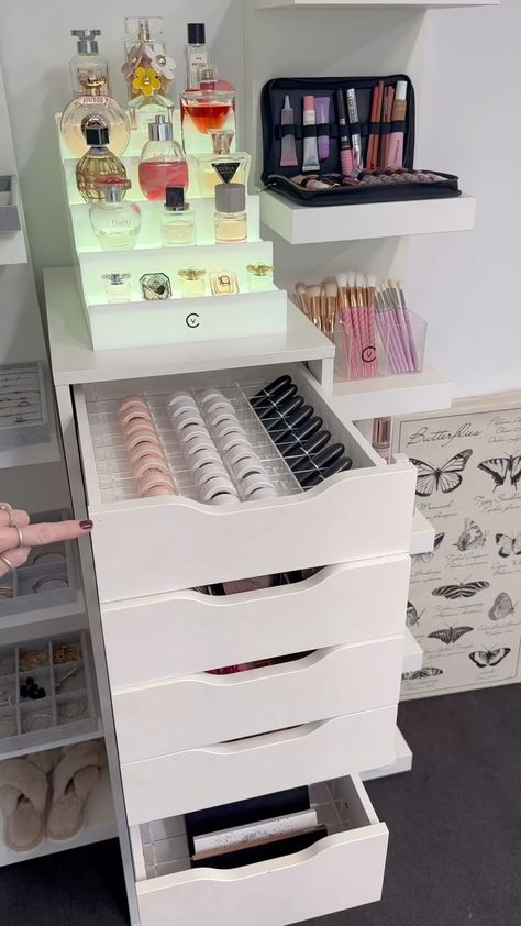 VANITY COLLECTIONS | Doing the viral ikea vanity table Create the look From IKEA ⬇️ 2 x Ikea Alex 5 drawer units 1 x Komplement glass shelf ( 75cm x 58cm ) 1 x... | Instagram Ekby Alex Hack Makeup Vanities, Ikea Alex Drawers Hack, Ikea Vanity Table, Vanity Collections, Alex Drawers, Pull Out Shelf, Ikea Vanity, Perfume Stand, Ikea Alex Drawers