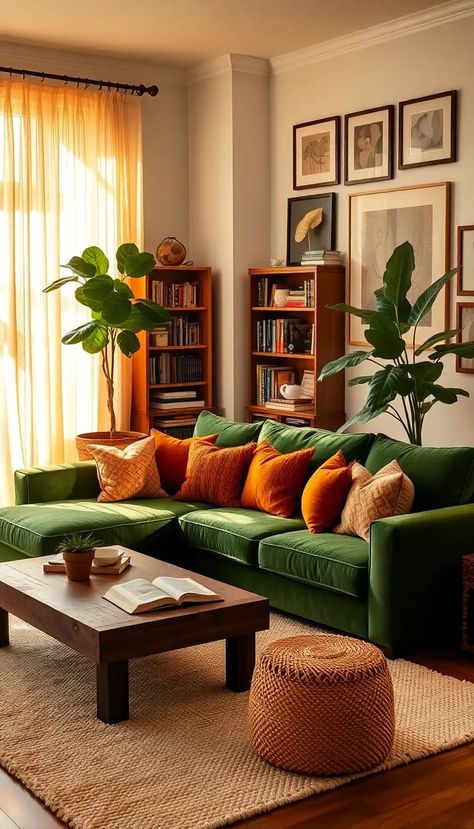 Step into a serene living room where warm, golden sunlight pours through sheer ivory curtains, creating a tranquil atmosphere. The plush emerald green sectional sofa is the centerpiece, accented with textured throw pillows in rust and mustard hues. A rustic wooden coffee table, adorned with a potted succulent and an open book, sits on a cozy cream rug. A towering bookshelf filled with eclectic novels and a gallery wall of framed art seamlessly blend modern and vintage styles. A fiddle leaf fig plant adds a refreshing touch of nature. #CozyLiving #InteriorDesign #HomeDecor Beige Orange Green Living Room, Yellow And Green Living Room Ideas, Green Burnt Orange Living Room, Orange And Green Interior Design, Cosy Colourful Living Room, Mustard Curtains Living Room, Emerald Green Sectional, Green And Mustard Living Room, Rust And Green Living Room