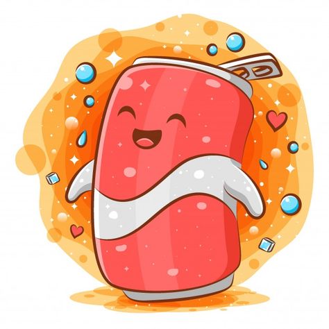 Cute Food Characters, Food Cartoon Illustration, Soda Cartoon, Drinks Cartoon, Kawaii Mascot, Drink Cartoon, Cartoon Objects, Cartoon Drink, Food Character