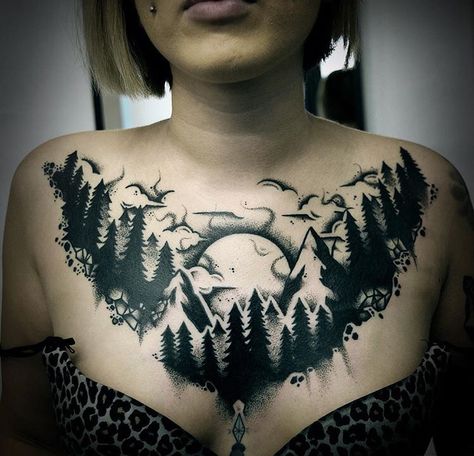 Chest Neck Tattoo, Tattoo Mountains, Female Nature, Mandala Tattoos For Women, Full Chest Tattoos, Floral Tattoo Shoulder, Military Tattoos, Chest Tattoos, Chest Tattoos For Women